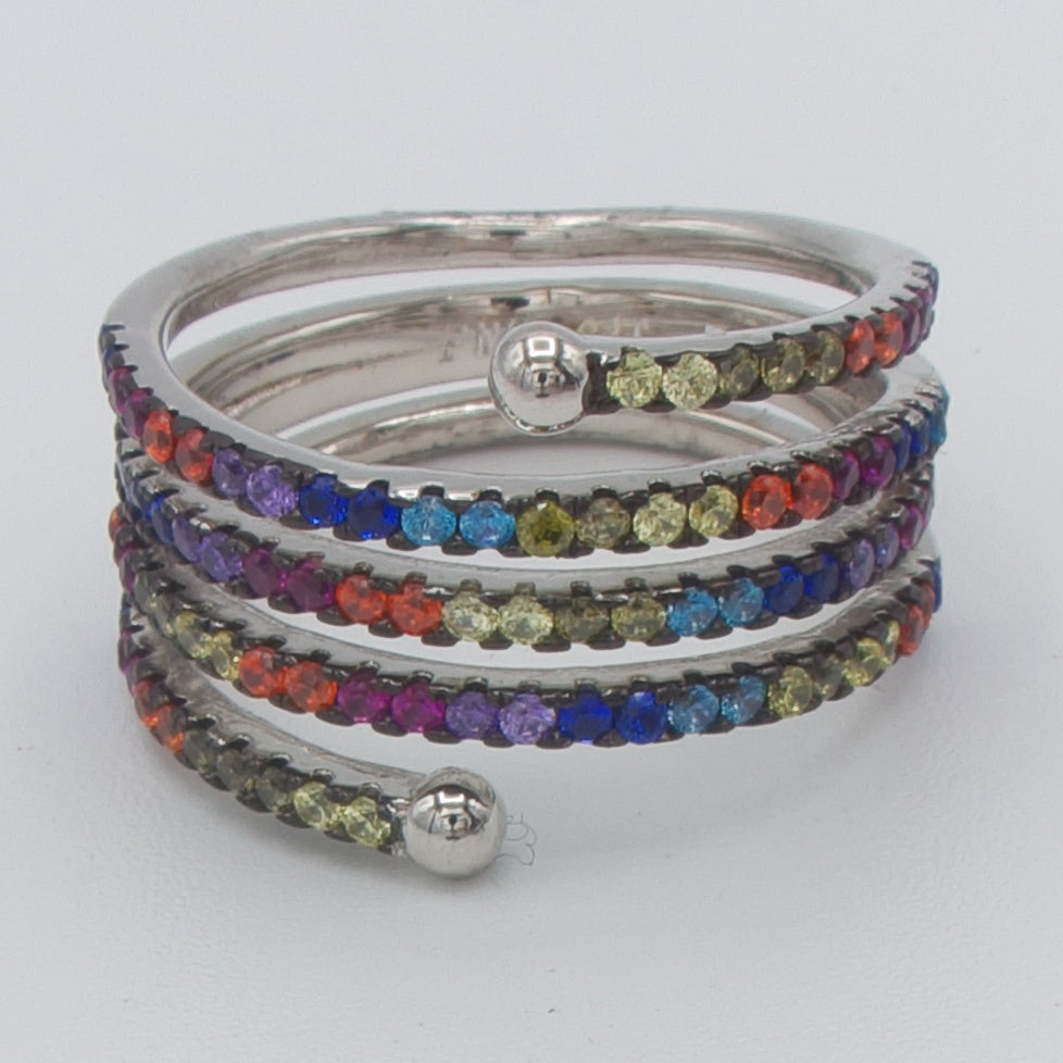 Sølv spiral ring med multifarvede zirkonia