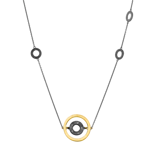 Wheel Necklace 90 cm forgyldt og sort rhodineret